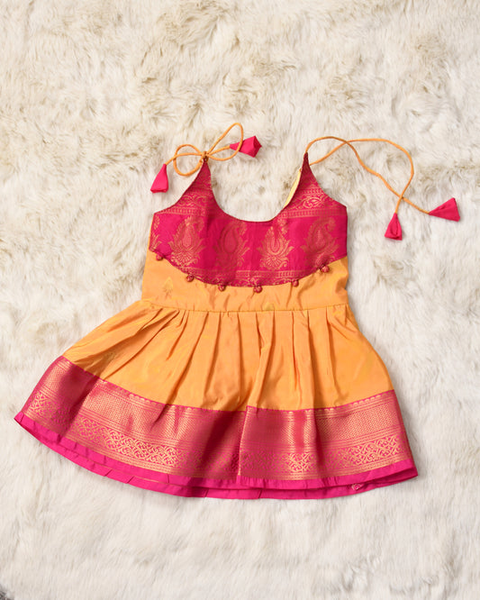 Narayani - Sunshine yellow with pink pattu silk ethnic wear for baby girl