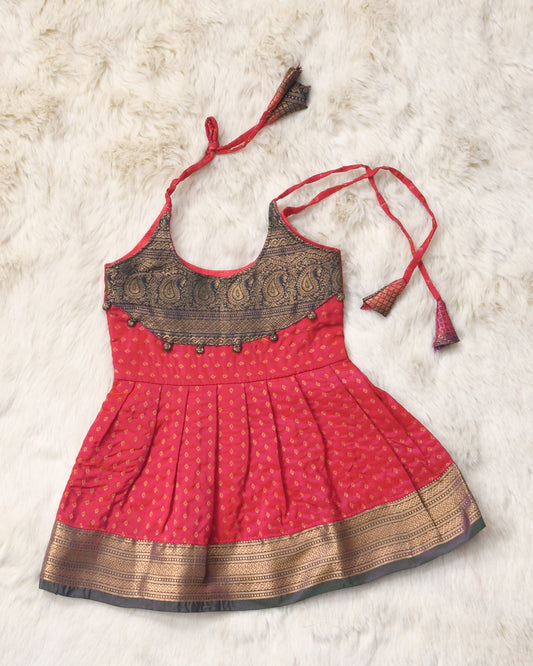 Mahamaya - Orangish Red with brown pattu silk ethnic wear for baby girl (Style 2)