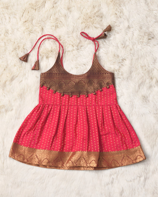 Mahamaya - Orangish Red with brown pattu silk ethnic wear for baby girl