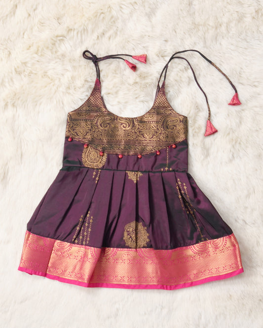 Alamelu - Chocolate brown with pink pattu silk ethnic wear for baby girl