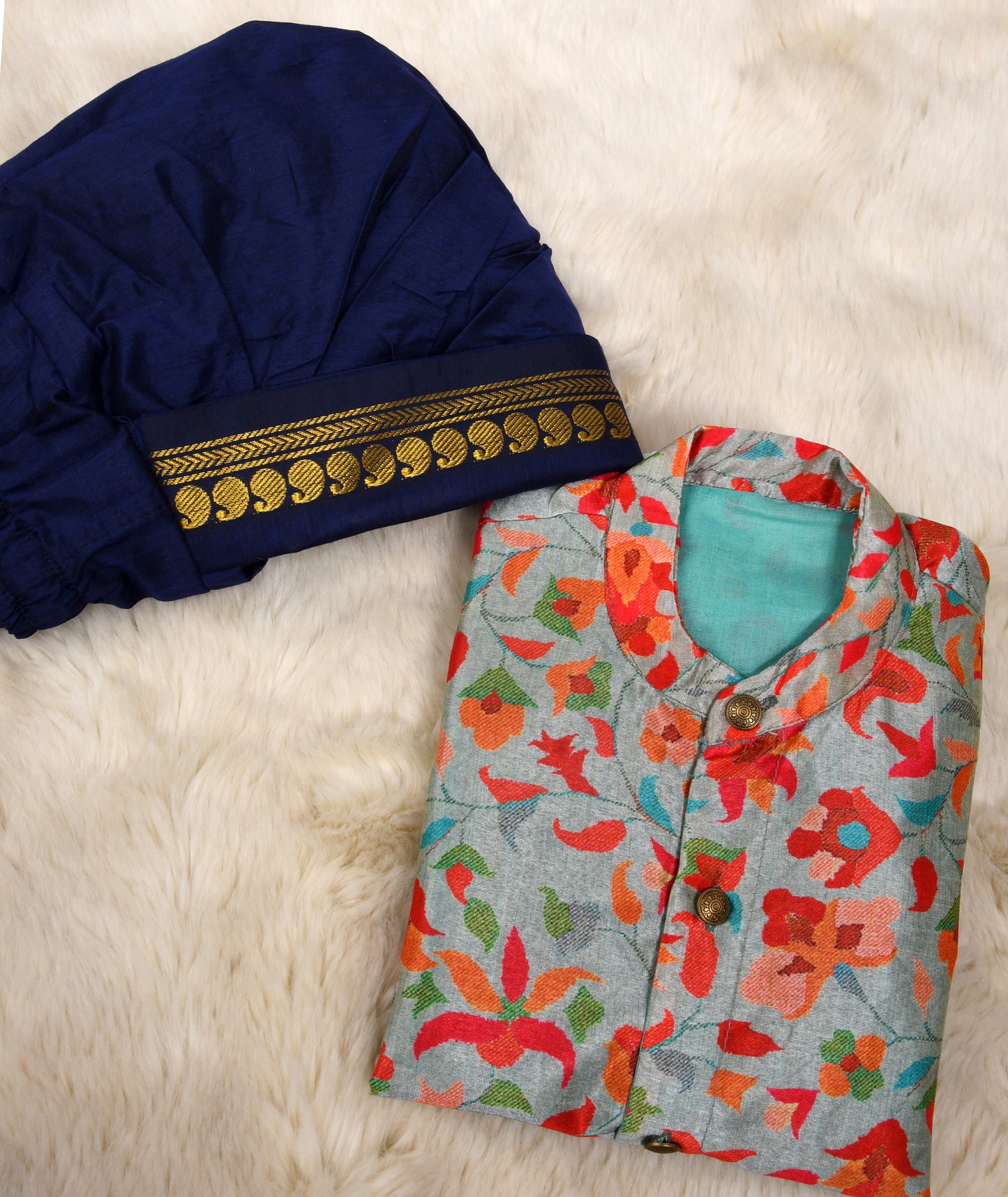 Kalamkari Indian Print Floral Semi silk kurta and Dark Blue baby boy ethnic wear
