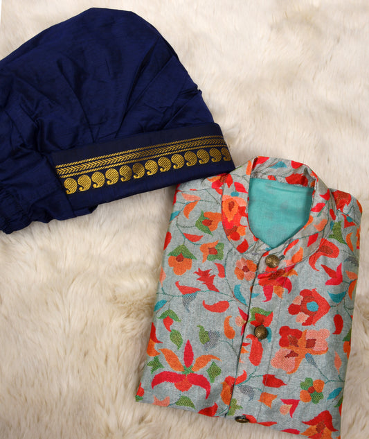 Kalamkari Indian Print Floral Semi silk kurta and Dark Blue baby boy ethnic wear