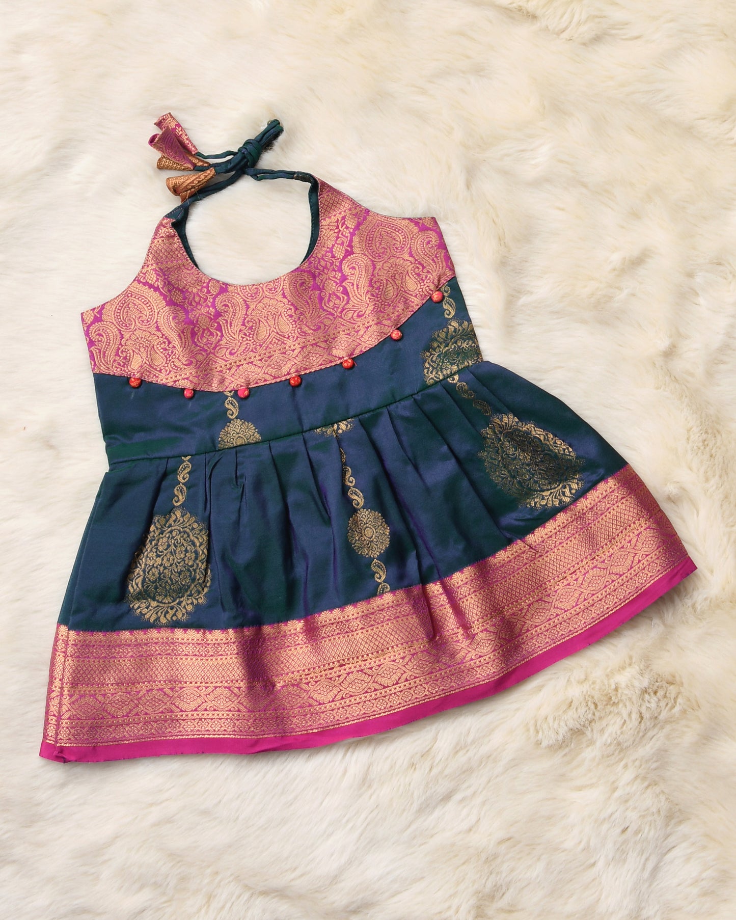 Chanchala - Deepest blue with pink pattu silk ethnic wear for baby girl