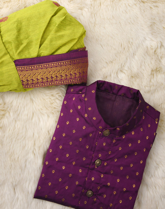 Wine and green traditional weave south Indian ethnic wear for baby boy