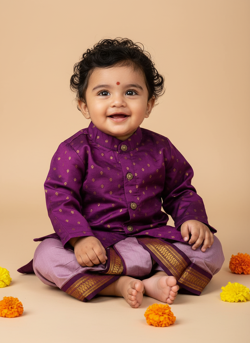 Dhoti Kurta for Baby Boy – Wine Semi-Silk Kurta & Lavender Dhoti with Zari Border