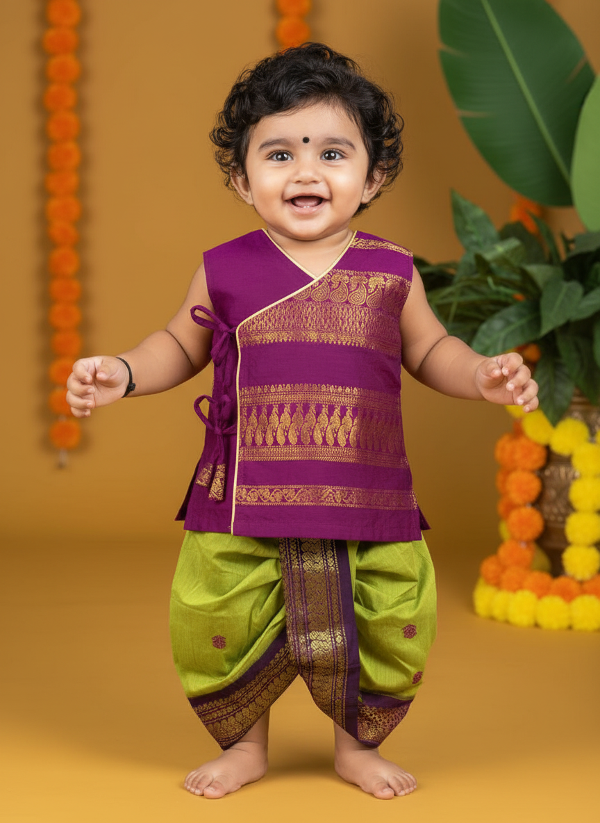 Wine & Green Angrakha Kurta Pajama for Baby Boys – Sleeveless Ethnic Wear