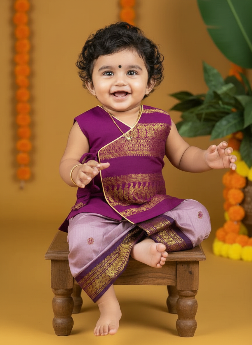 Wine with lavender - Angrakha kurta dhoti ethnic wear for baby boy