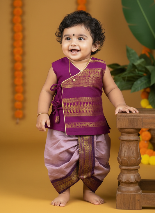 Wine with lavender - Angrakha kurta dhoti ethnic wear for baby boy