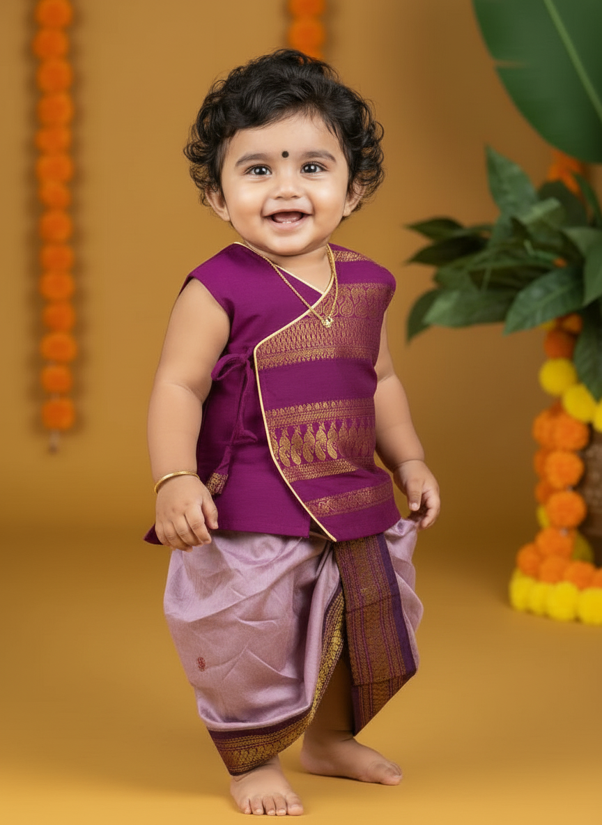 Wine with lavender - Angrakha kurta dhoti ethnic wear for baby boy