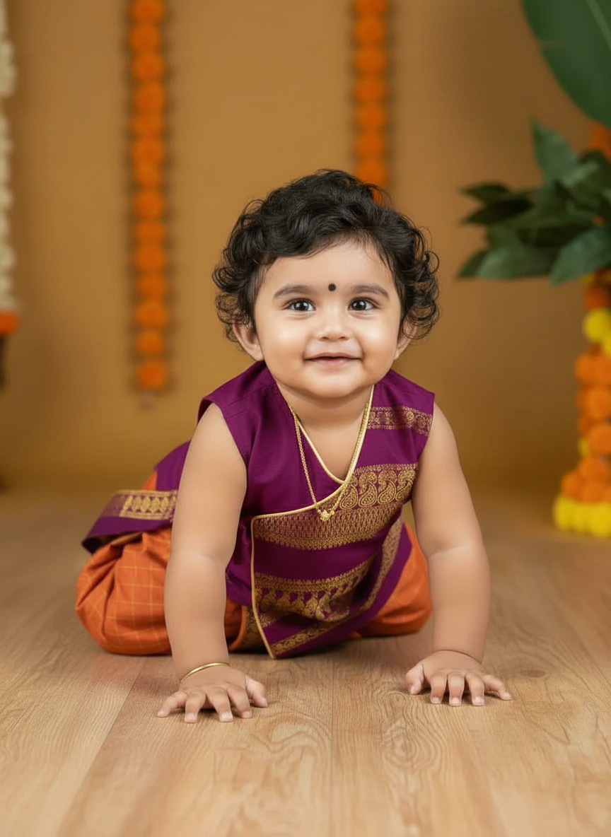 Wine and Rusty orange - Angrakha kurta dhoti ethnic wear (Sleeveless) for baby boy