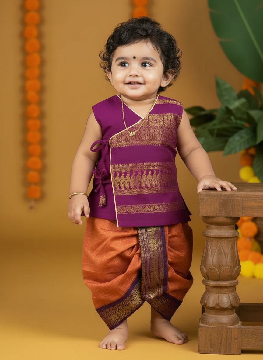Wine and Rusty orange - Angrakha kurta dhoti ethnic wear (Sleeveless) for baby boy