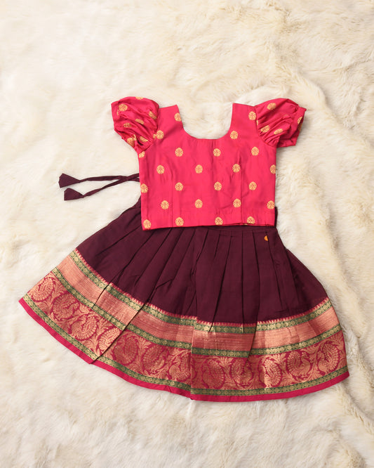 Apsara - pink and brown kanchi cotton south indian ethnic wear langa blouse for baby girl