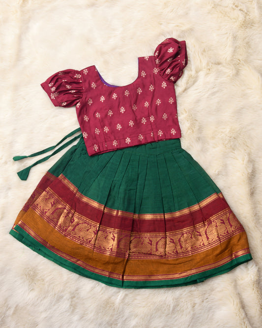 Bhumi - maroon and bottle green kanchi cotton south indian ethnic wear langa blouse for baby girl