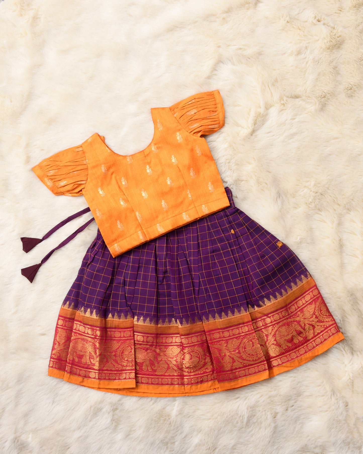 Bhuddhi - Golden yellow and purple kanchi cotton south indian ethnic wear langa blouse for baby girl