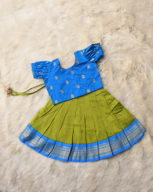 Divya - Sky Blue and nature green kanchi cotton south Indian ethnic wear langa blouse for baby girl