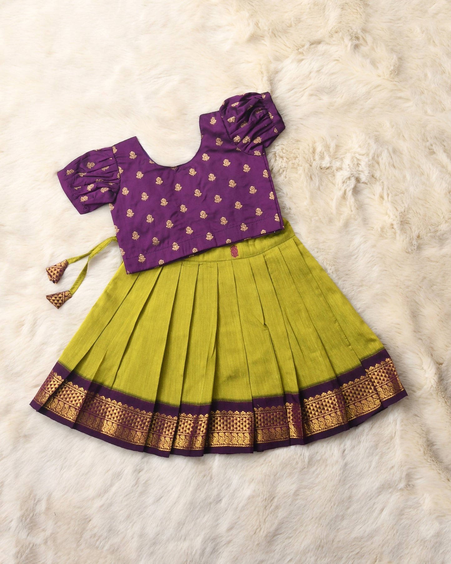 Gayathri - wine and green kanchi cotton south Indian ethnic wear langa blouse for baby girl