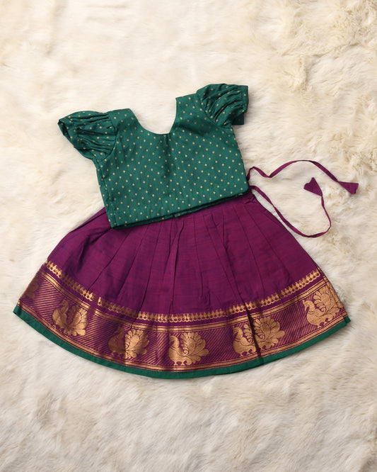 Laxmi - Bottle green and wine kanchi cotton south Indian ethnic wear langa blouse for baby girl