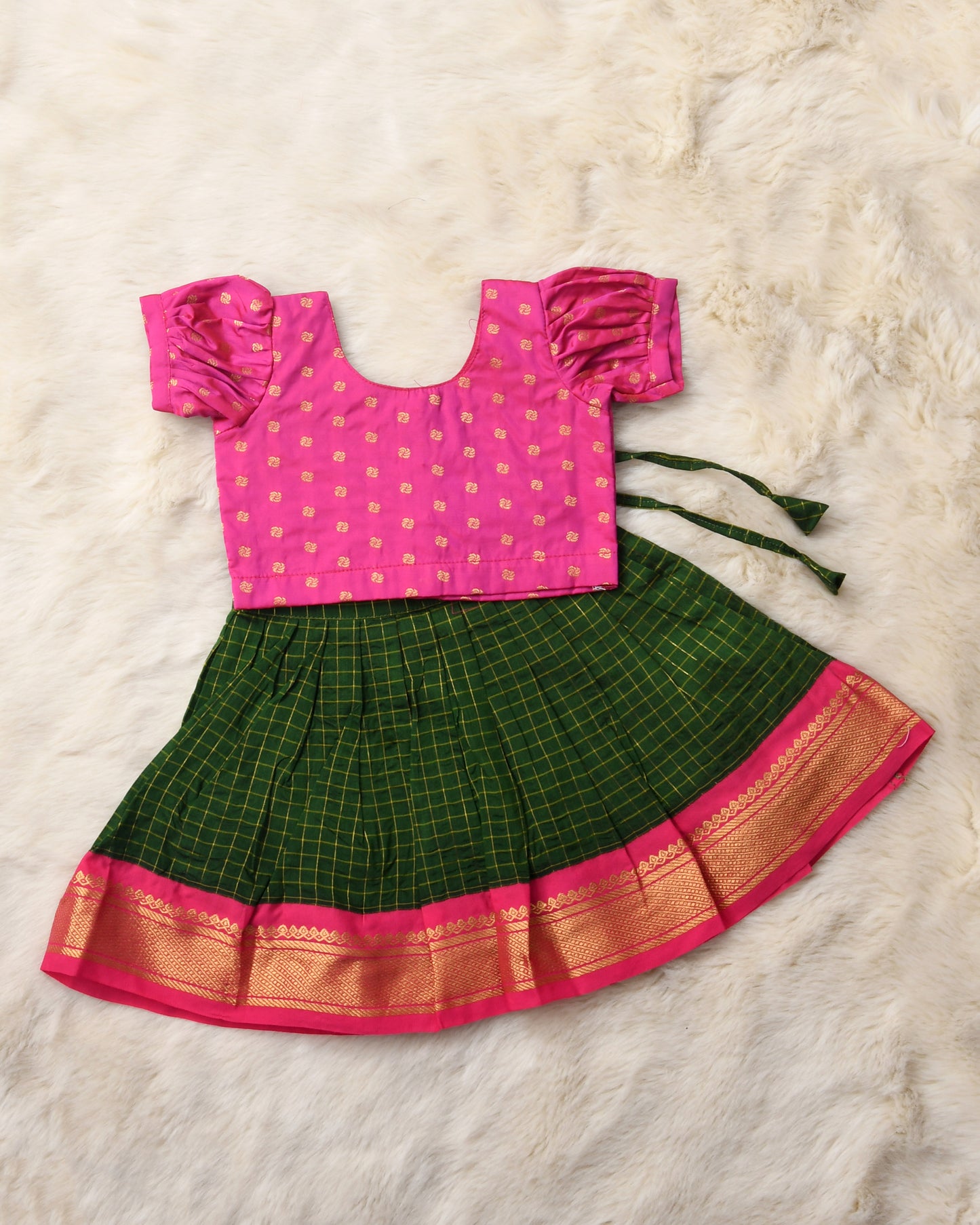 Jambavati - pink and bottle green kanchi cotton south Indian ethnic wear langa blouse for baby girl