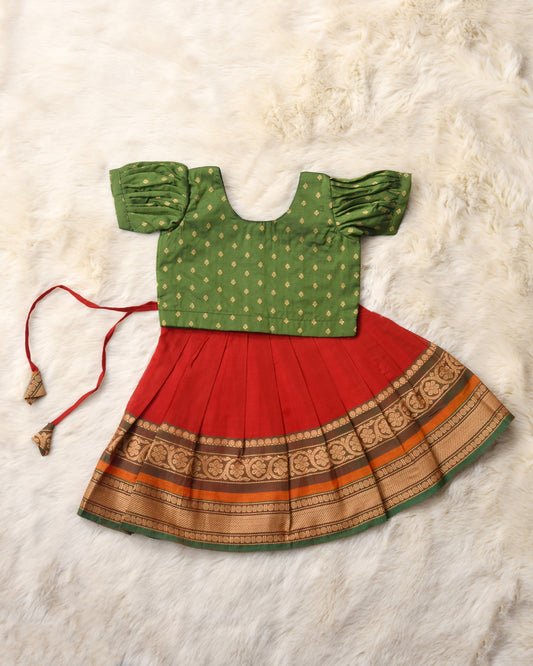 Madra - mehendi green and red kanchi cotton south Indian ethnic wear langa blouse for baby girl