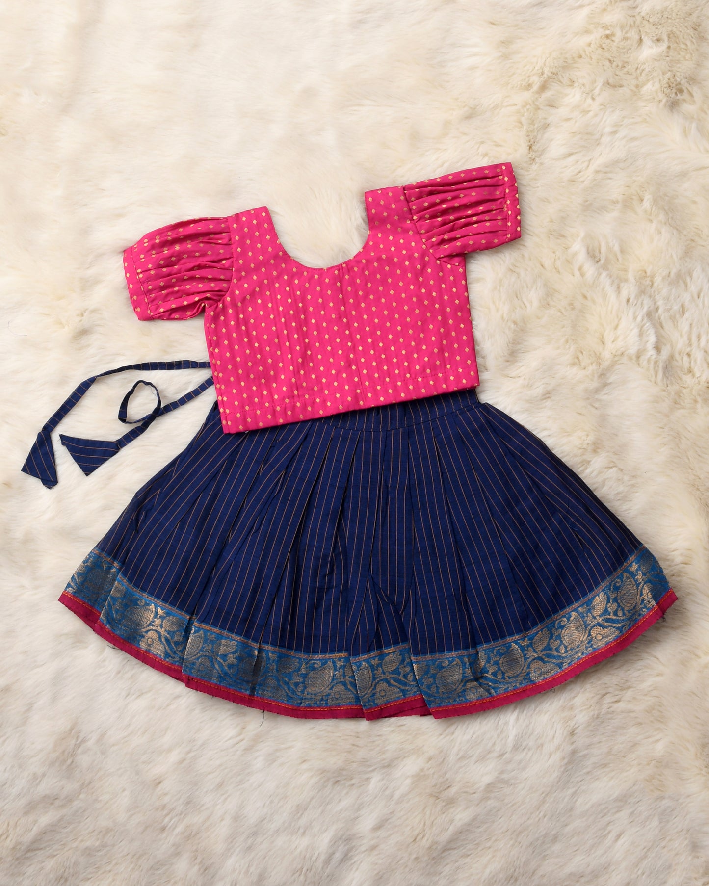 Parvati - navy blue and pink kanchi cotton south Indian ethnic wear langa blouse for baby girl