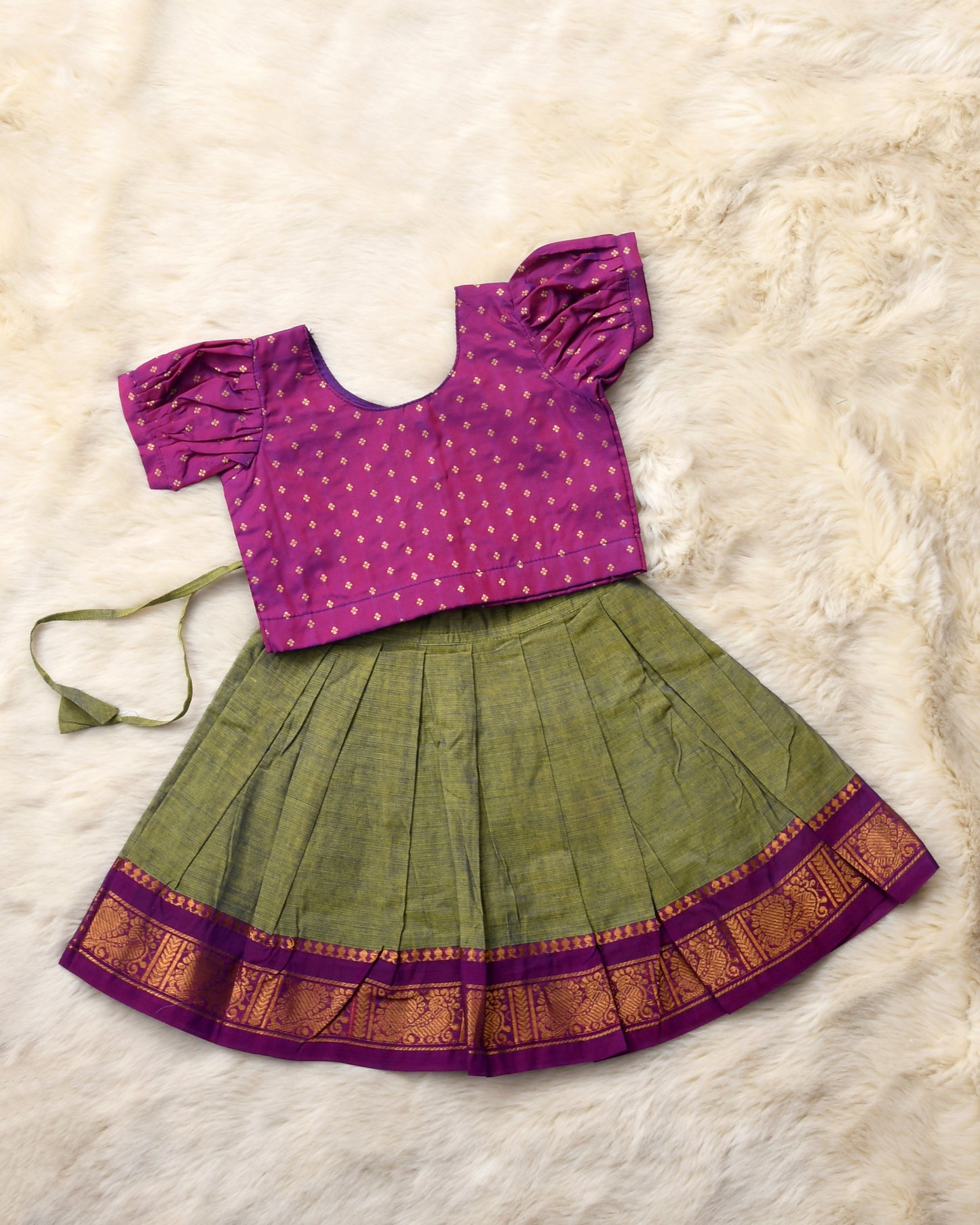 Parvati - dual wine and greyish green kanchi cotton south Indian ethnic wear langa blouse for baby girl