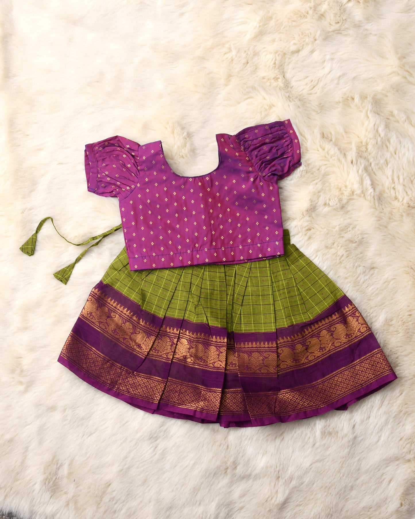 Shakthi - dual wine and greyish green big border kanchi cotton south Indian ethnic wear langa blouse for baby girl