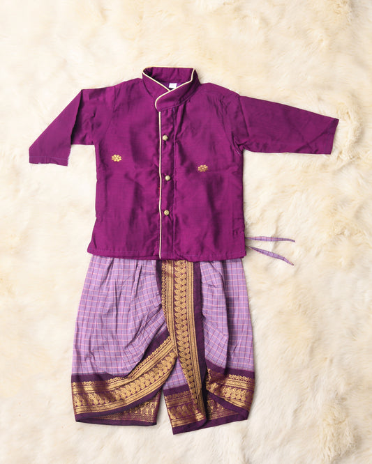 Chequered Lavendar and wine kurta dhoti ethnic dress for baby boy