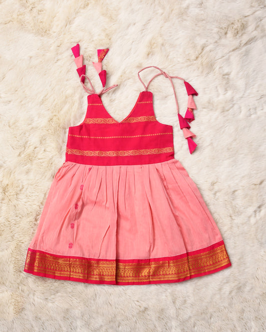 Blush Pink and Magenta Combination Tie Up Dress for Baby Girl (Style 2)