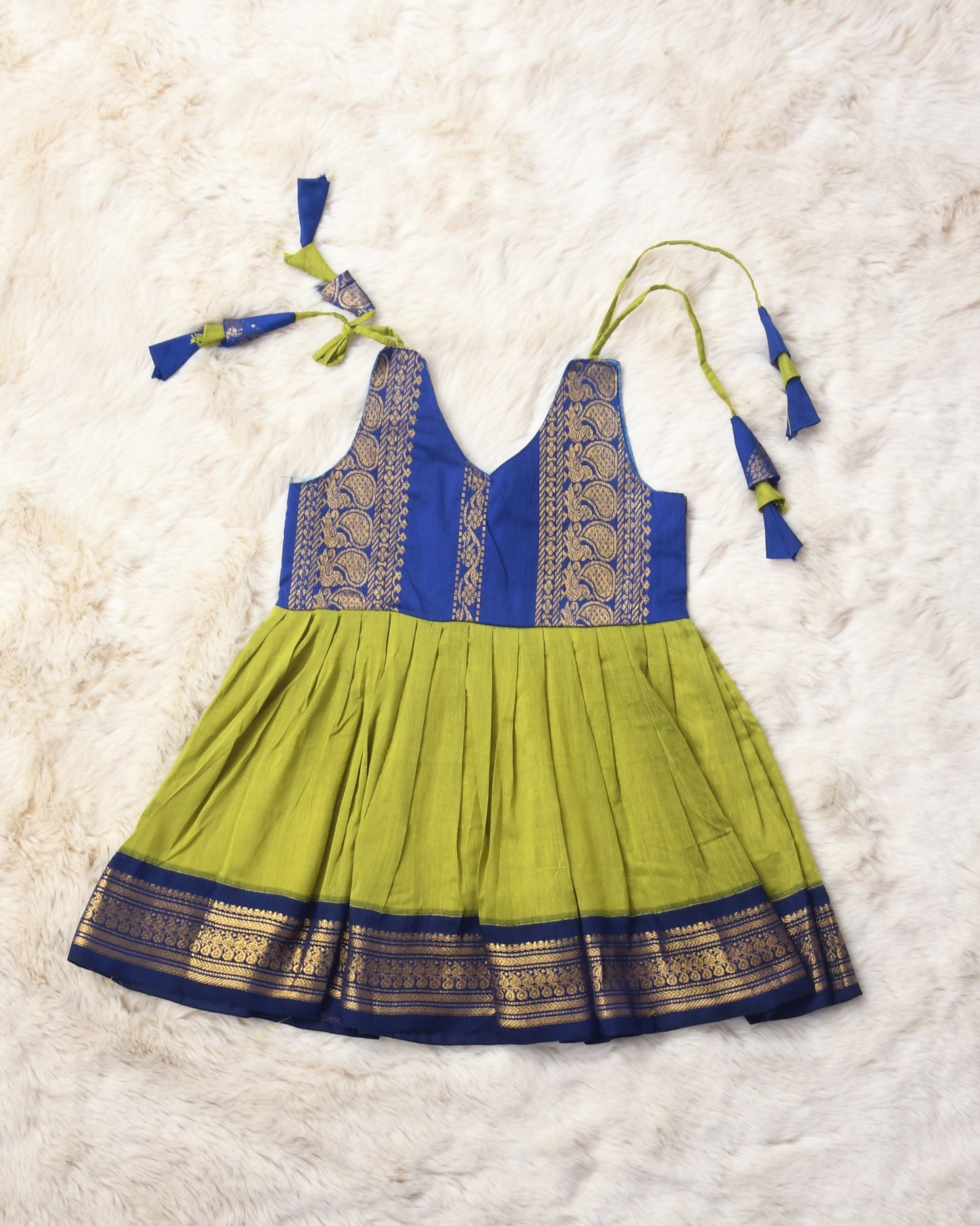 Lime green with Navy blue tie up dress for baby girl, pure raw silk, premium quality (Style 2)