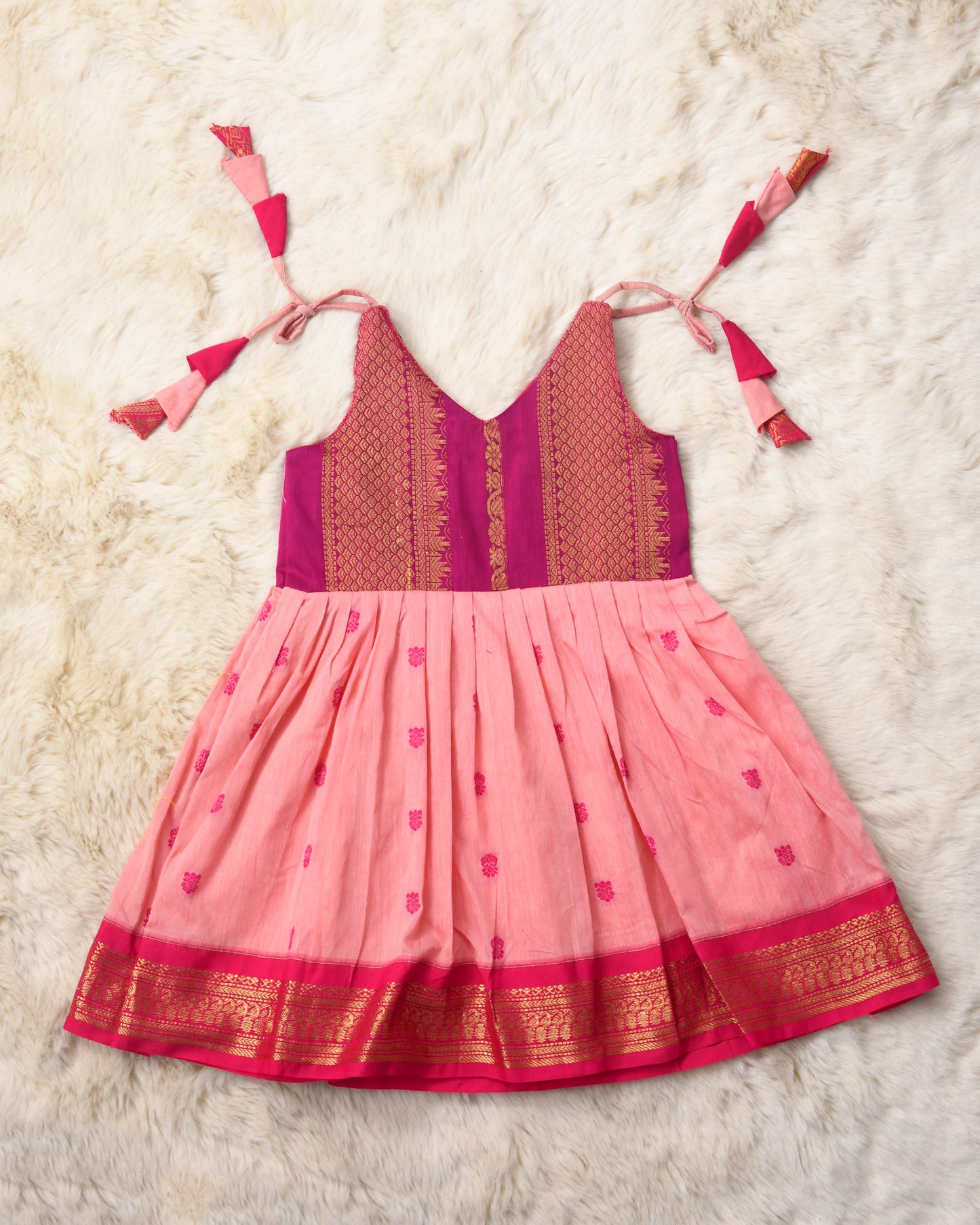 Blush Pink and Magenta Combination Tie Up Dress for Baby Girl (style 3)