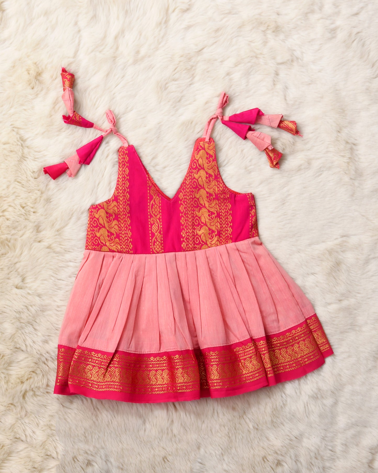 Blush Pink and Magenta Combination Tie Up Dress for Baby Girl (style 4)