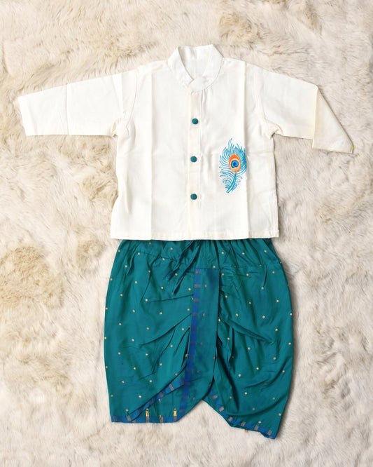 Baby Boy Krishna Dress (Big Butta) - White and peacock blue feather embroidered kurta dhoti ethnic dress for baby boy