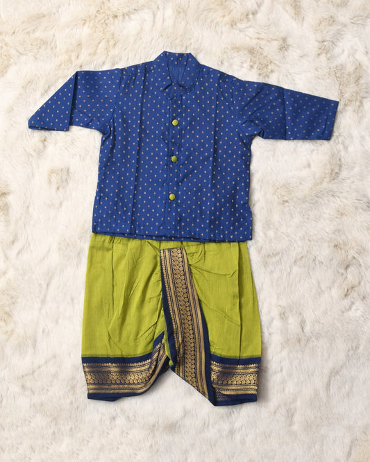 Light green and navy blue embroidered kurta dhoti ethnic dress for baby boy