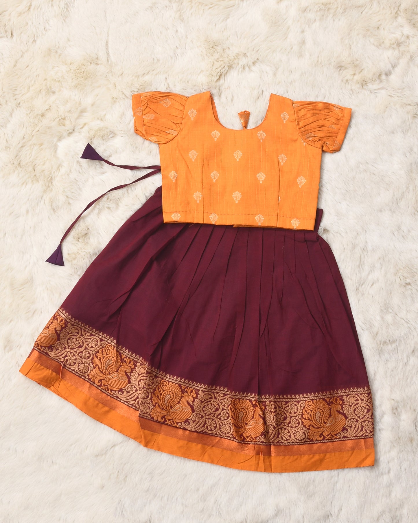 Angala - golden yellow and maroon kanchi cotton south Indian ethnic wear langa blouse for baby girl