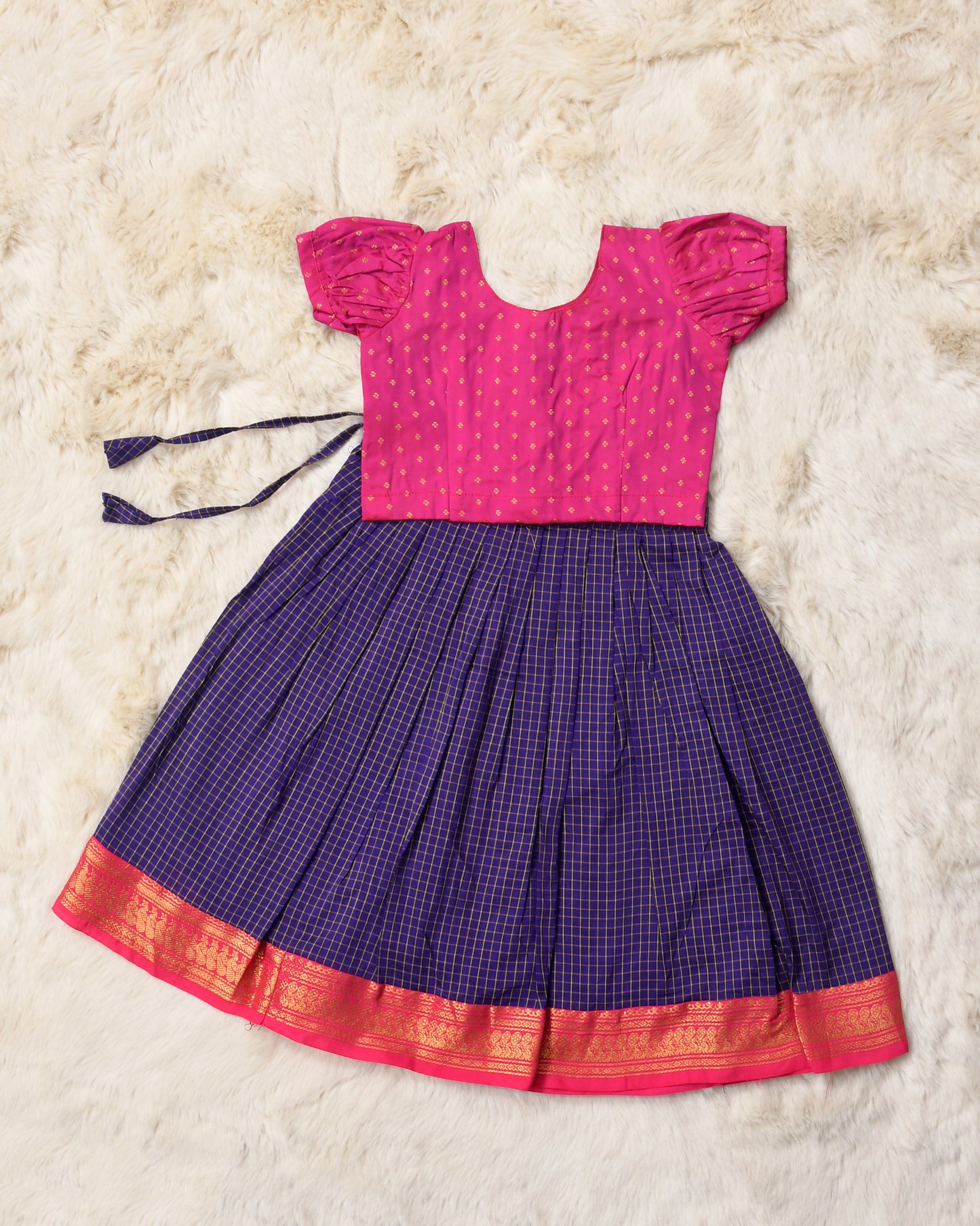 Shaila - Festive pink and navy blue cotton south Indian ethnic wear langa blouse for baby girl