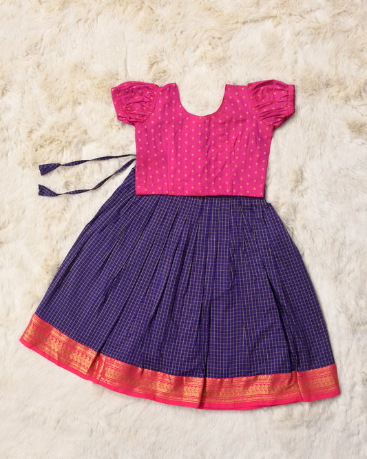 Shaila - Festive pink and navy blue cotton south Indian ethnic wear langa blouse for baby girl