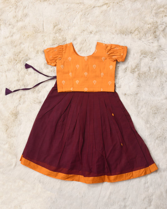 Angala - golden yellow and maroon kanchi cotton south Indian ethnic wear langa blouse for baby girl (small border)