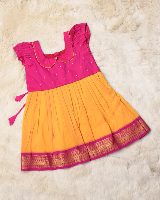 Magenta pink and yellow (vintage collar) small butta - Kanchi Cotton Silk Ethnic Wear for Baby Girl