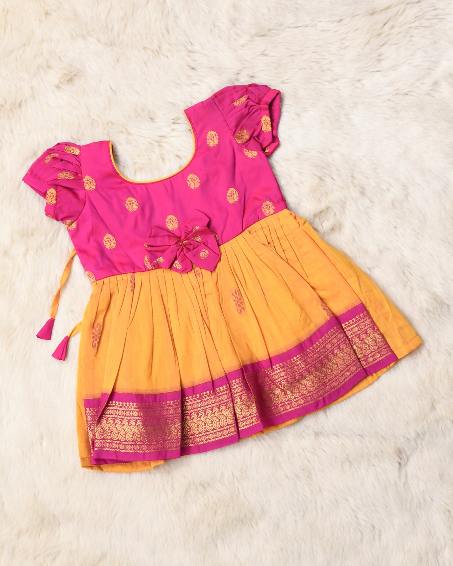 Magenta pink and yellow (vintage bow) - Kanchi Cotton Silk Ethnic Wear for Baby Girl (Style 2)