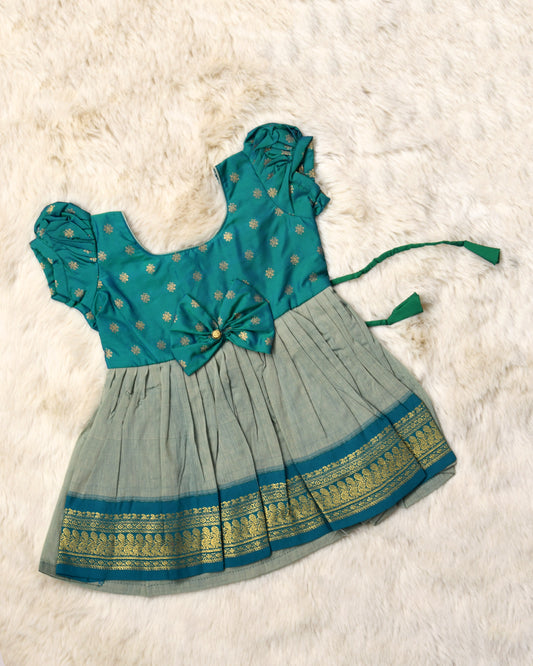 Aqua Blue with light gray (vintage bow) - Kanchi cotton ethnic Wear Frock for Baby Girl