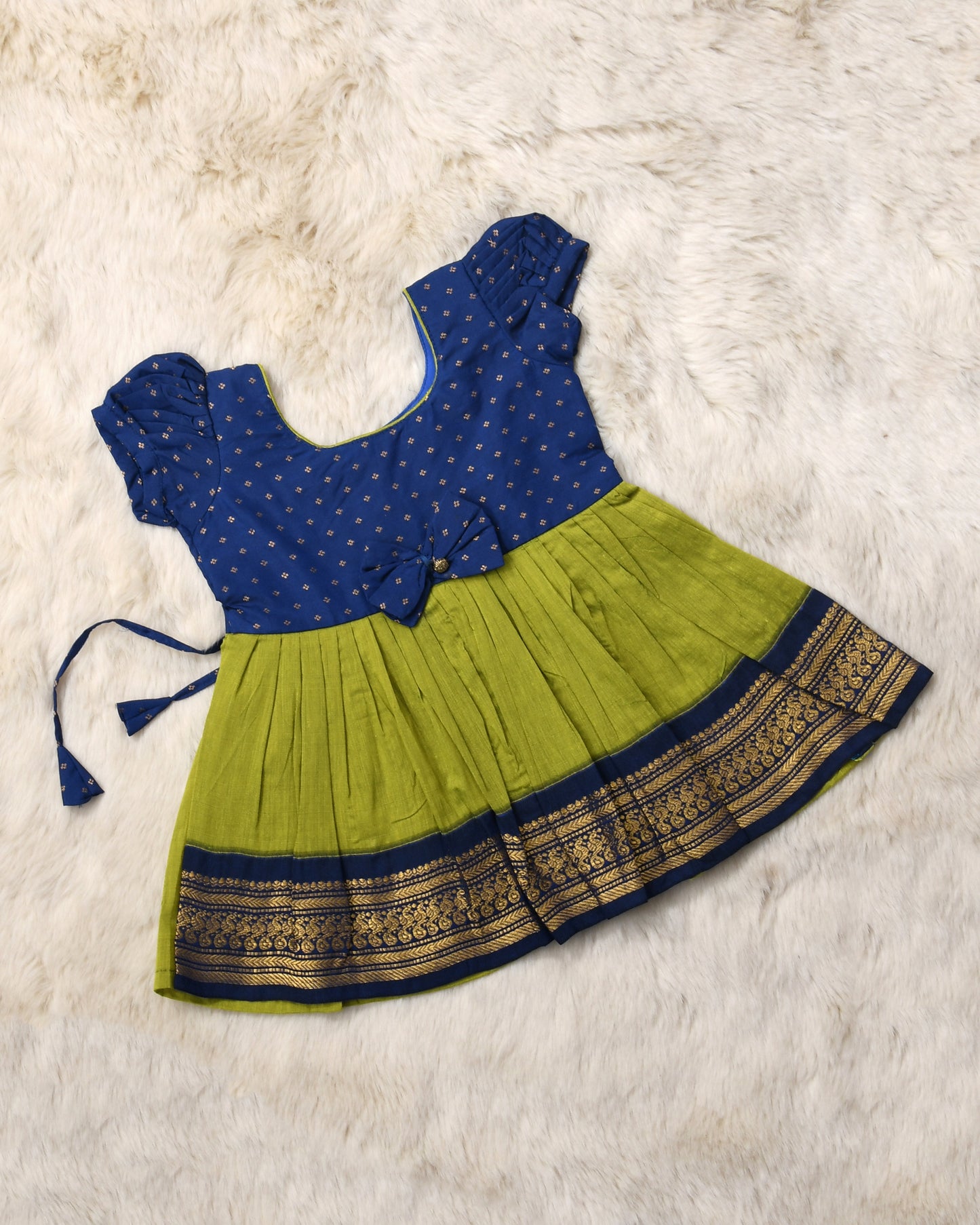 Blue and green (vintage bow) - Kanchi Cotton Silk Ethnic Wear for Baby Girl