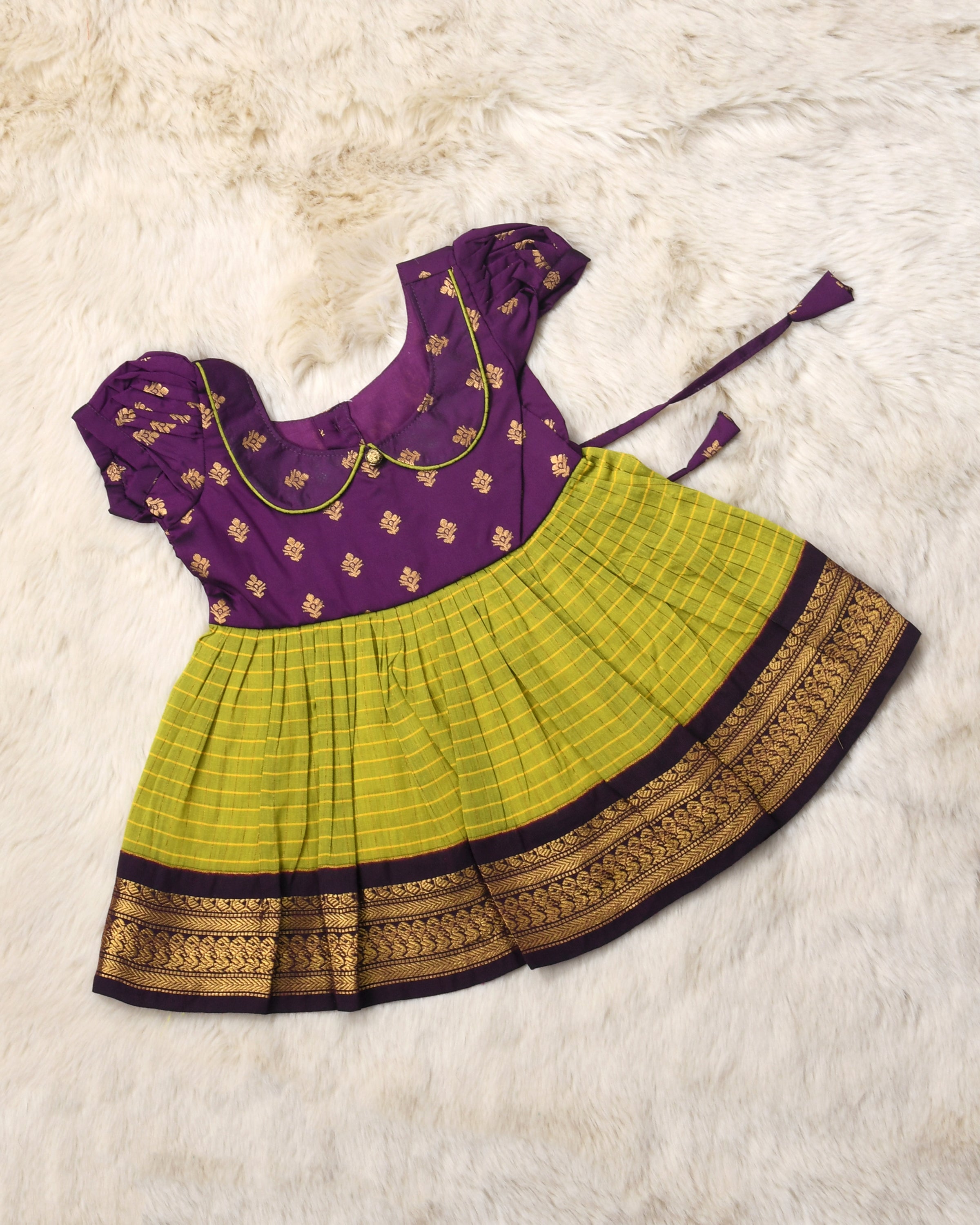 Wine and Checked Green (vintage collar) - Kanchi Cotton Silk Ethnic Wear for Baby Girl