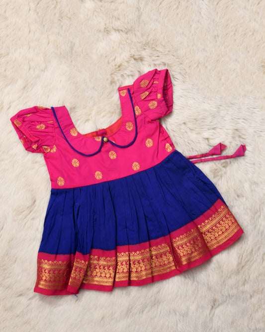 Magenta pink with royal blue (vintage collar) - Kanchi cotton ethnic Wear Frock for Baby Girl