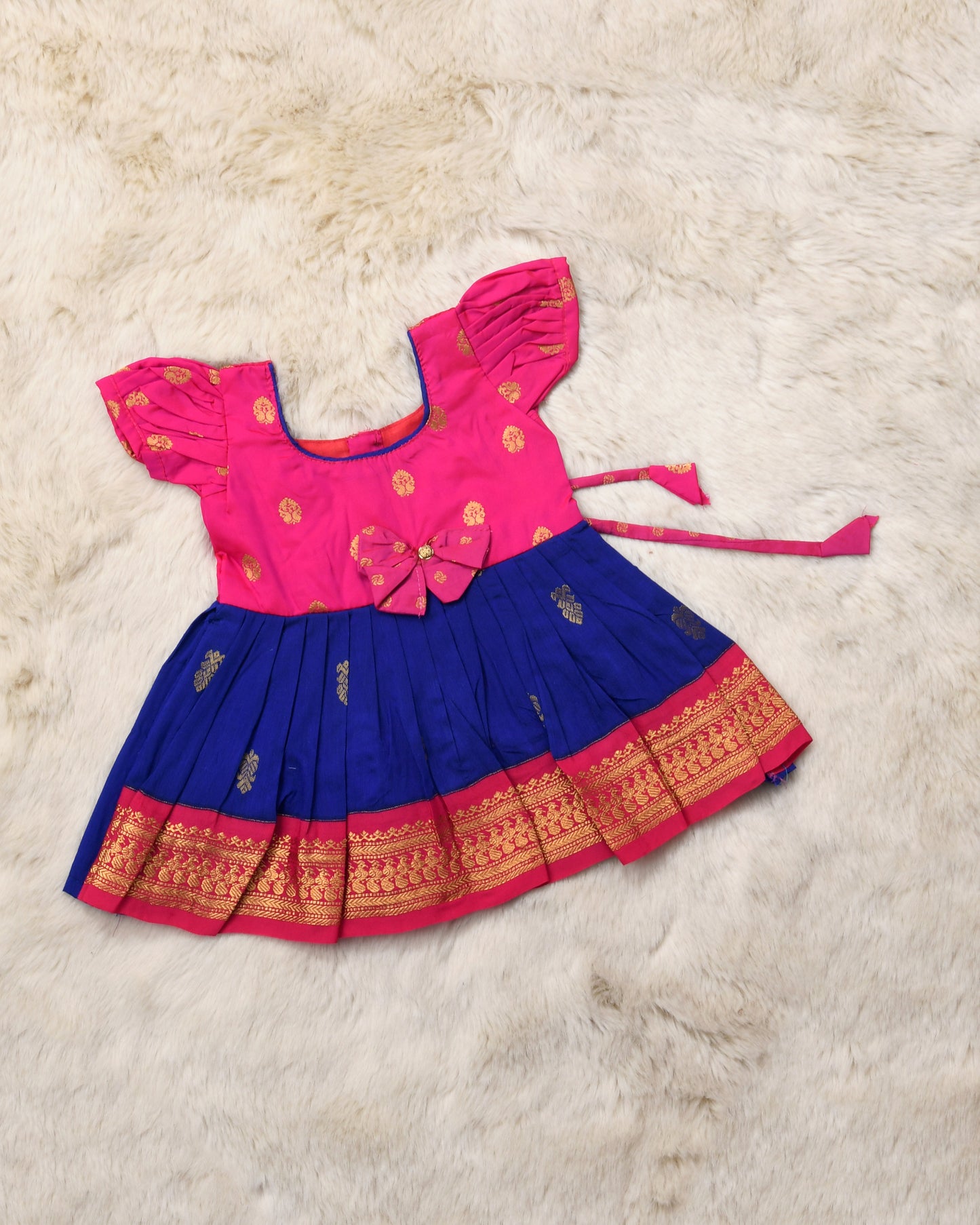 Magenta pink with royal blue (vintage bow) - Kanchi cotton ethnic Wear Frock for Baby Girl