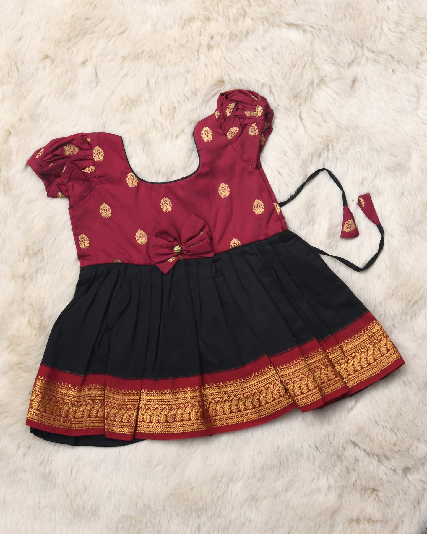 Maroon with black (vintage bow) - Kanchi cotton ethnic Wear Frock for Baby Girl