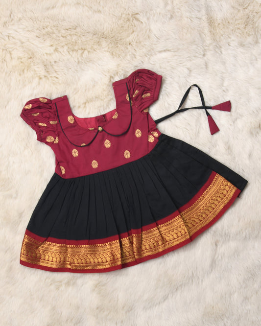 Maroon with black (vintage collar) - Kanchi cotton ethnic Wear Frock for Baby Girl