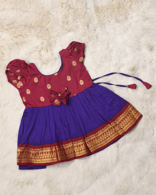 Maroon with violet (vintage bow) - Kanchi cotton ethnic Wear Frock for Baby Girl