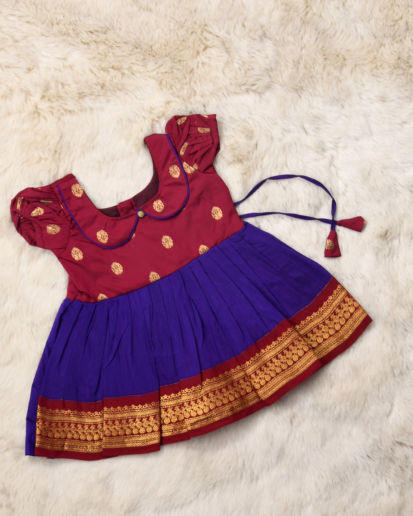 Maroon with violet (vintage collar) - Kanchi cotton ethnic Wear Frock for Baby Girl