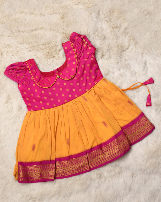 Magenta pink and sunshine yellow (vintage collar) - Kanchi Cotton Silk Ethnic Wear for Baby Girl