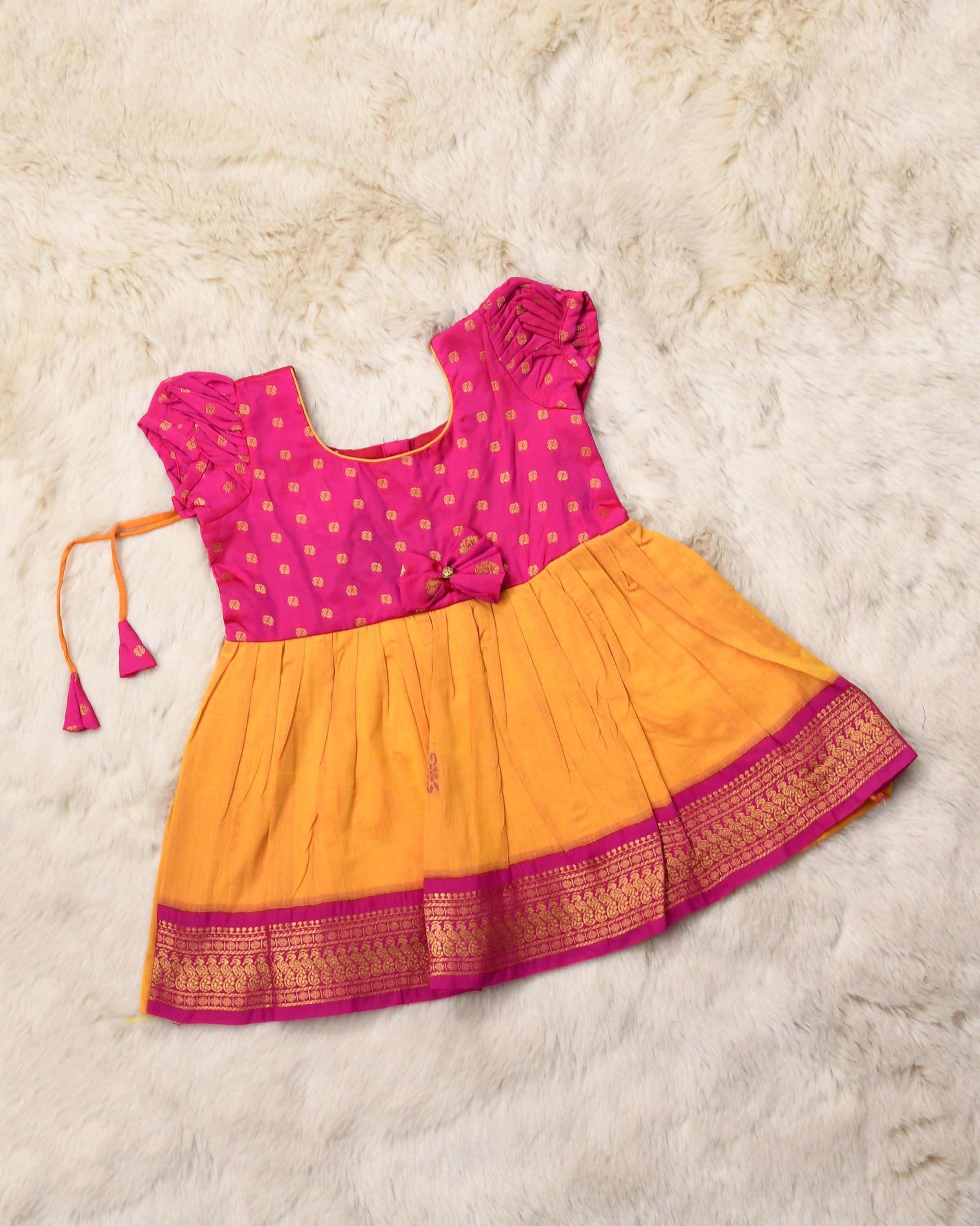 Magenta pink and sunshine yellow (vintage bow) - Kanchi Cotton Silk Ethnic Wear for Baby Girl